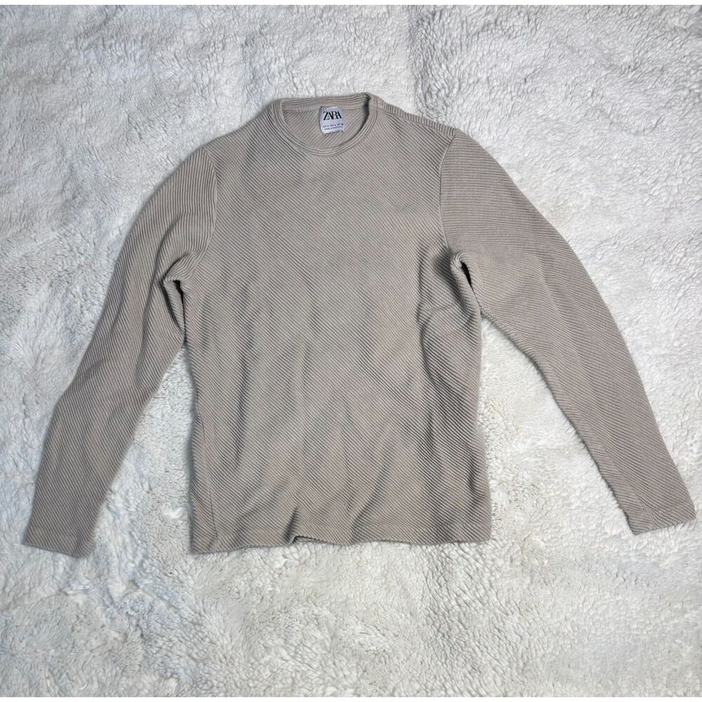 Zara Ribbed Knit Sweater Taupe Beige Long Sleeve Crew Neck Size S Minimalist